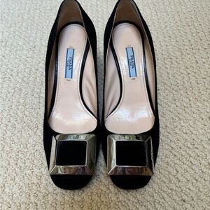 Prada Black Heels with Silver Buckle
